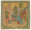 MANUSCRIPT LEAF SPANISH FORGER. Painting on vellum depicting juggler, bagpiper, and courtly couple. Np, late 19th/early 20th ct.